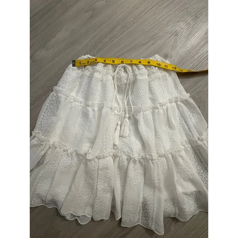 Blu Pepper Mini Skirt Women White Embroidered Tiered Skirt Tassel Drawstring XS